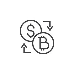 Bitcoin dollar exchange outline icon. linear style sign for mobile concept and web design. Dollar and bitcoin coins and arrows simple line vector icon. Symbol, logo illustration. Pixel perfect vector 