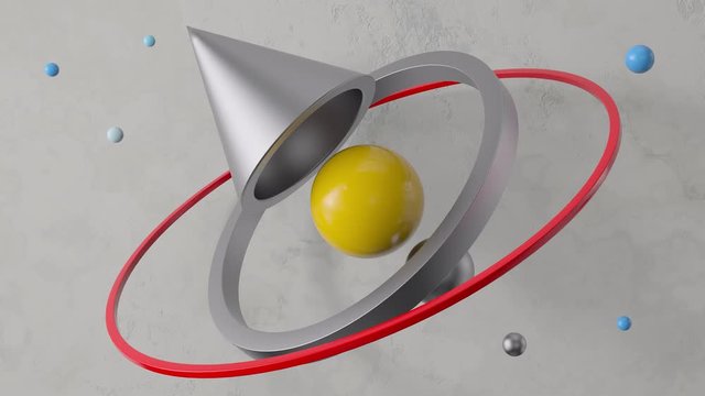 Abstract 3d figures. Simple elegant composition with geometry primitives: sphere, conus, ring, torus.
