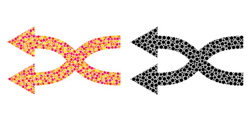 Pixel shuffle arrows left mosaic icons. Vector shuffle arrows left pictograms in bright and black versions. Collages of random round elements.