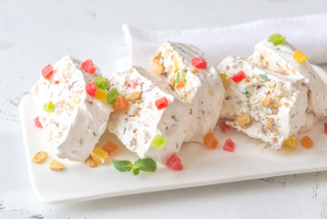 White nougat with fresh mint leaves