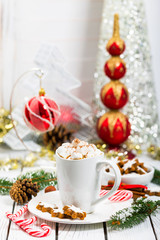 Christmas Background with Hot Cocoa with Marshmallows. Selective focus.