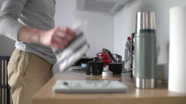 A Man Washing at the Kitchen, wipe Hands at Home - Day