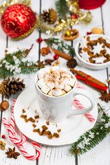 Obraz na płótnie Canvas Christmas Background with Hot Cocoa with Marshmallows. Selective focus.