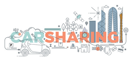 Hand drawing Carsharing doodle set. Rental electronic service concept elements. Branding technology car sharing mobile application. Colorful vector illustration automobile icons in modern line style.
