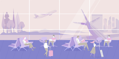 People sitting and walking in Airport interior waiting hall with aircraft, airplane. Passenger seats in departure lounge modern terminal. Business, travel concept. Flat Vector Illustration.