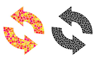 Dotted refresh mosaic icons. Vector refresh icons in bright and black versions. Collages of casual circle dots. Vector collages of refresh icons formed with scattered circle elements.