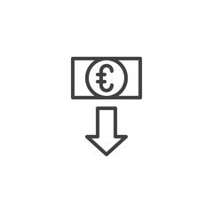 Euro exchange rate outline icon. linear style sign for mobile concept and web design. Euro money with down arrow simple line vector icon. Symbol, logo illustration. Pixel perfect vector graphics