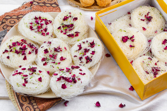 Indian Traditional Sweet Food Desi Ghee Ki Pheni Also Know as Sutarfeni, Firni, Seviyan, Laccha, Feni or Fini maid from maida, Sugar and Flavor