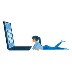 Cartoon social communication concept with young girl, woman in blue denim cloth, headphones lying behind big laptop device taping, chatting, sending messages smiling. Vector illustration
