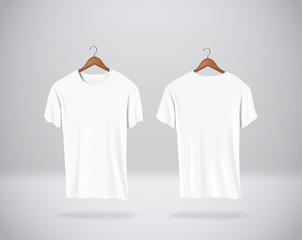 White T-Shirts Mock-up clothes hanging isolated on wall, blank f