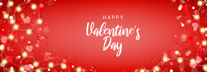 Happy Valentine's Day red banner. Vector illustration with top view on paper garlands and glowing garlands with hearts on red background. Holiday greeting card.