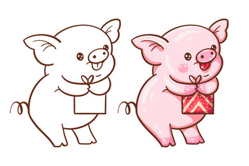 Winter illustration with cute cartoon pig