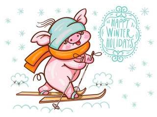 Winter illustration with cute cartoon pig
