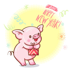 Winter illustration with cute cartoon pig