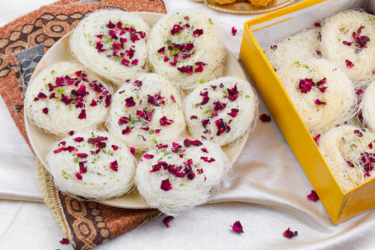 Indian Traditional Sweet Food Desi Ghee Ki Pheni Also Know as Sutarfeni, Firni, Seviyan, Laccha, Feni or Fini maid from maida, Sugar and Flavor