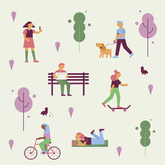 Spring or summer outdoor concept with flat vector people walking and relaxing on nature