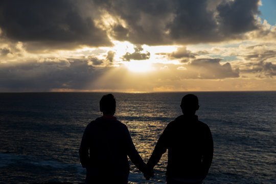 Romantic couple  sundown sea
