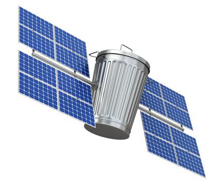 Space Junk Pollution Concept With Garbage Can And Solar Panels