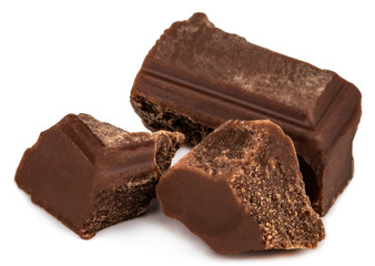 Broken chocolate pieces isolated on white background
