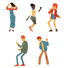 Vector teenagers dancing set. Male and female young characters at disco party. Caucasian and african black people dancers at entertainment event or in club. Isolated illustration