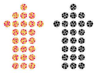 Pixel dotted arrow up mosaic icons. Vector dotted arrow up pictograms in multi-colored and black versions. Collages of arbitrary round elements.