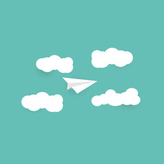 Paper plane flying with clouds and space flat design paper art abstract background using for kid education