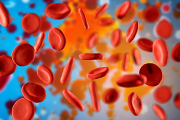 3d illustration of red blood cells erythrocytes close-up under a microscope. Scientific medical...