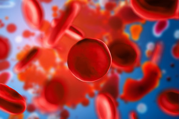 3d illustration of red blood cells erythrocytes under a microscope on blue background. Scientific...