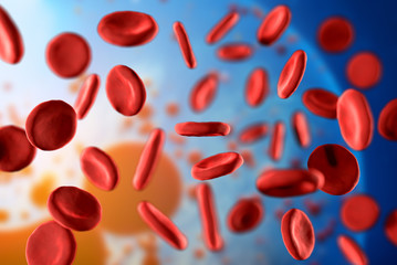 3d illustration of red blood cells erythrocytes under a microscope in body. Concept for scientific...