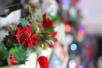 Christmas Decorations with Christmas tree bokeh in the background