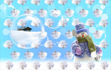 Christmas theme, Snowman, trees in winter on blue background.