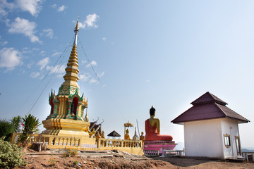 Stupa chedi and buddha statue images in Wat Phrachao Thanchai and Phra That San Kwang temple at Chiangrai city in Chiang Rai, Thailand