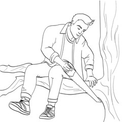 Man sawing tree branch on which sits object on white background raster illustration. Make yourself worse metaphor.