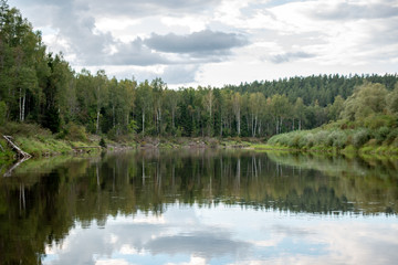 blue sky, clouds and trees from forest reflecting in calm lake water