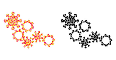 Dot gear mechanism mosaic icons. Vector gear mechanism icons in multi-colored and black versions. Collages of randomized round spots.