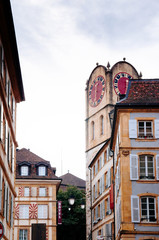 Old Diesse Tower clock tower in Medieval town Neuchatel, Switzerland
