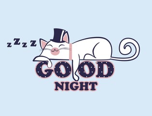 Vector illustration of lazy anime kawaii white cat in hat lying on the polka dot inscription Good night. Sleeping kitten with closed eyes. Day out. Sweet dreams.