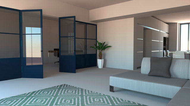 Parete vetrata in ferro e vetro di color blu, soggiorno, living space e cucina. Design di interni moderno. 3d rendering. Open space