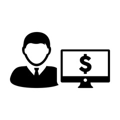 Avatar icon vector male user person with computer monitor screen and dollar sign in flat color in Glyph Pictogram Symbol illustration