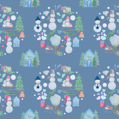 seamless pattern with winter houses and snowmen with colored pencils