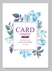 Invitation or greeting card template design with floral hand drawn elements and crystals on light background. Vector