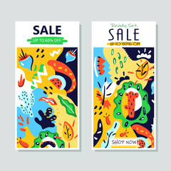 Collection of 2 vertical sale banners with hand drawn cacti, leaves, flowers and abstract shapes. Contemporary art, modern graphic design template. Vector illustration