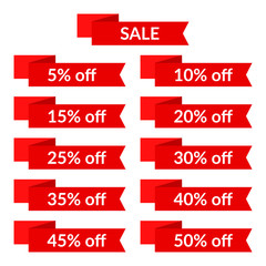 Set of red sale ribbons with different discount