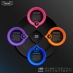 Vector infographic design with colorful circle on the black background. Business concept. 4 options, parts, steps. Can be used for graph, diagram, chart, workflow layout, number options, web
