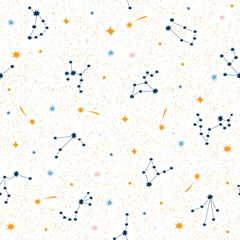 Constelliations and stars on light background. Seamless pattern. Vector illustration