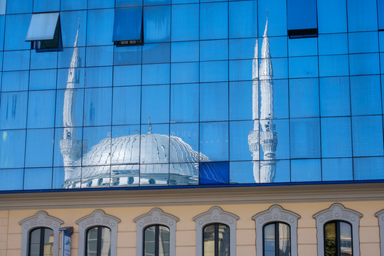 Albania, Shkoder, Ebu Beker Mosque, mirrored in glass facade