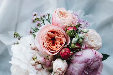 Beautiful spring bouquet with tender flowers in box