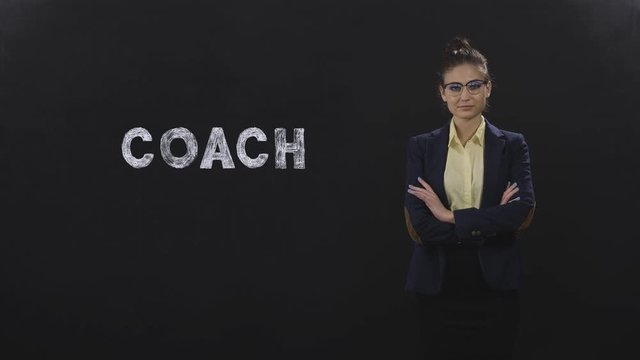 Portrait of professional coach girl, business trainer, professional teacher