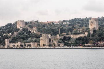 Bosporus cruise panorama. Osman empire fortress. Turkey landscape 