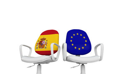 Spain and Europe business chairs. Internationl relationship concept. 3D Rendering